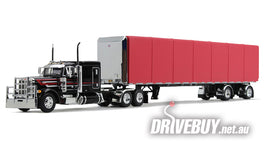 DCP by First Gear Black/Red Peterbilt Model 379 With 63" Flat Top Sleeper & 53' Utility Roll Tarp Trailer 1/64