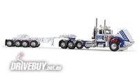 
              DCP by First Gear White/Blue Peterbilt Model 389 Day Cab & ERMC 4-Axle Hydra-Steer Trailer With Bridge Beam Section Load 1/64
            