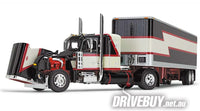 
              DCP by First Gear Black/Cream/Red Peterbilt Model 359 With 36" Flat Top Sleeper & 40' Vintage Trailer 1/64
            