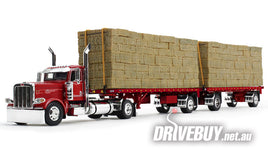 DCP by First Gear Viper Red Peterbilt Model 389 Day Cab & 28.5" Utility Dual Hay Flatbed Trailers With Hay Load 1/64